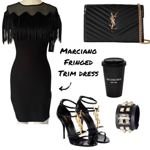Marciano Black Fringed Trim Midi Dress - Picture 1 of 4